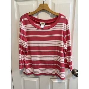 Talbots XL Pullover Sweater Coral White Stripe 3/4 Sleeves Scoop Neck 100% Pima